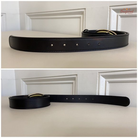 Authentic GUCCI Black Calfskin Leather Gold Script Oval Buckle Belt Size 90/36